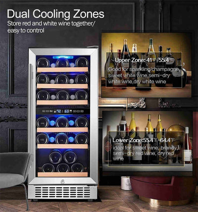 AOBOSI 15 inch Wine Cooler Dual Zone Refrigerator 30 Bottles