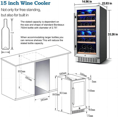 AOBOSI 15 inch Wine Cooler Dual Zone Refrigerator 30 Bottles