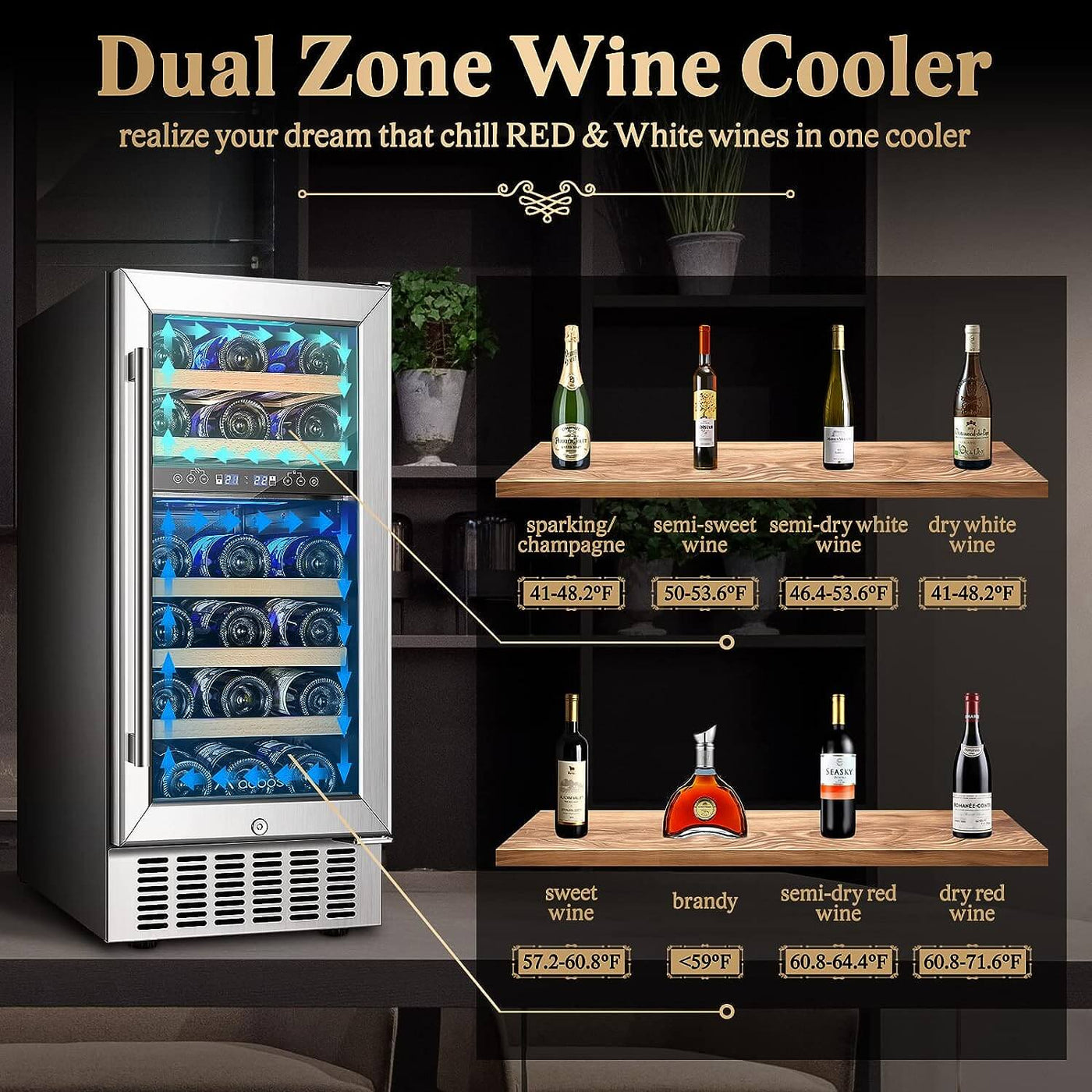 AOBOSI 15 inch Wine Refrigerator 28 Bottles Dual Zone