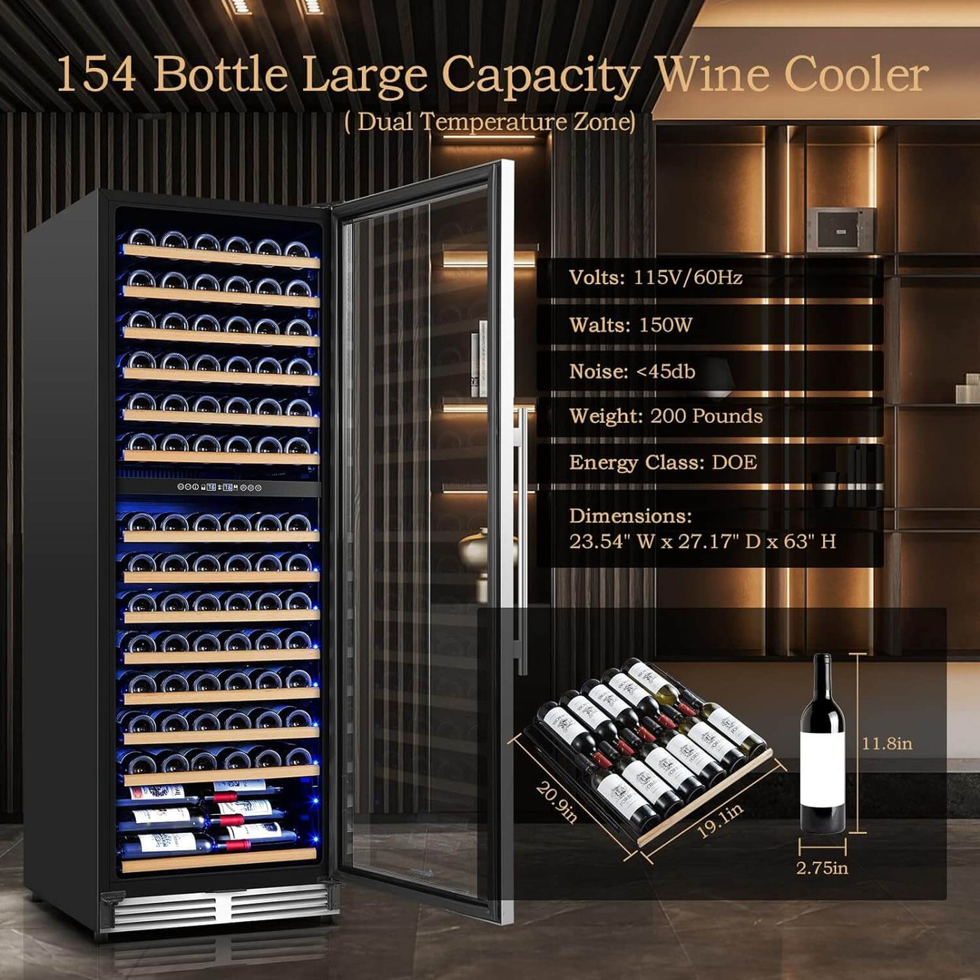 AOBOSI 24 inch Wine Cooler 154 Bottles Capacity Dual Zone