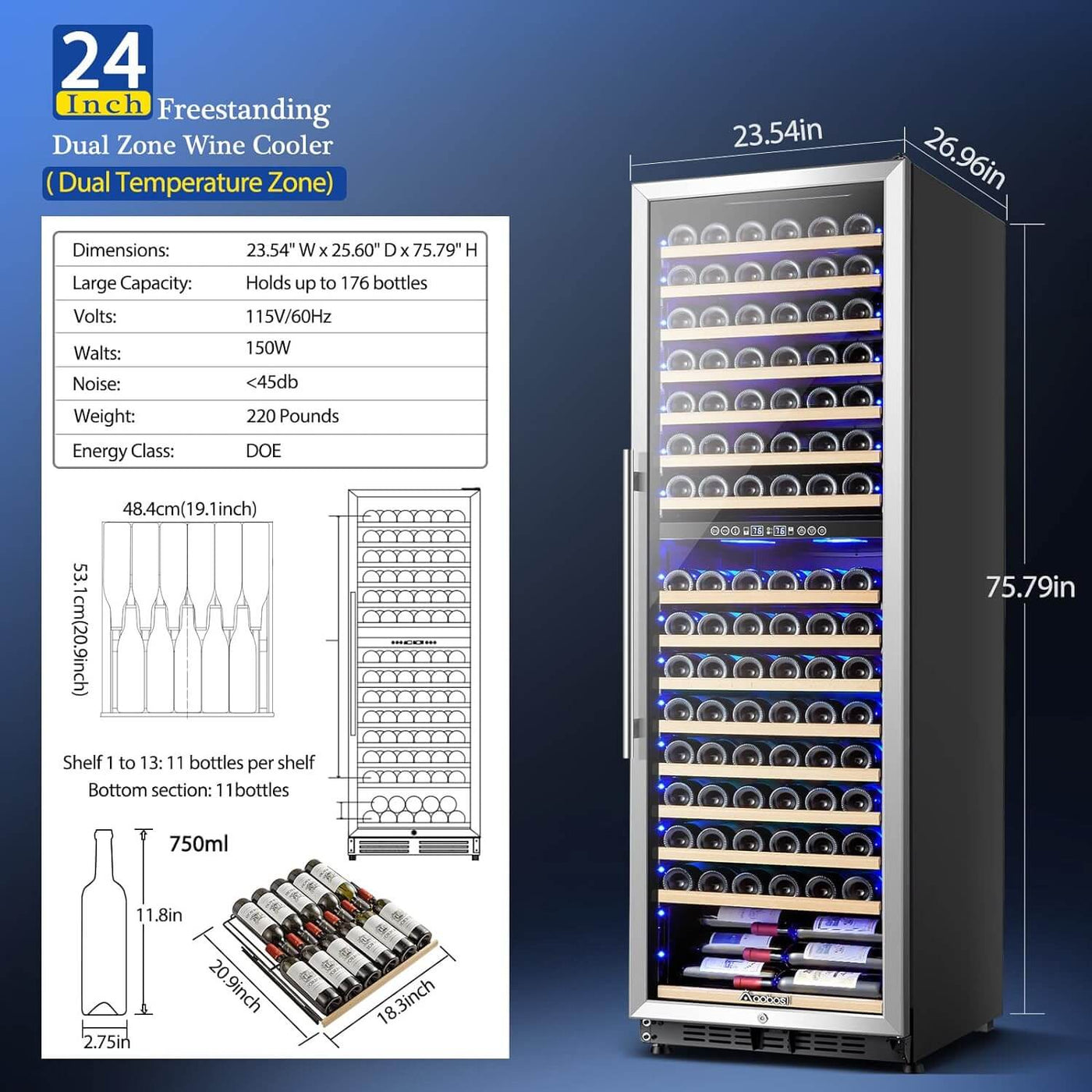 AOBOSI 24 inch ‎Wine Cooler 176 Bottles Capacity Dual Zone