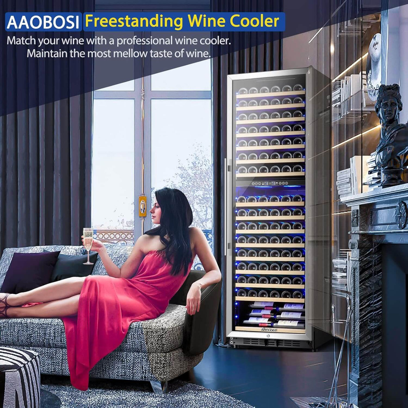 AOBOSI 24 inch ‎Wine Cooler 176 Bottles Capacity Dual Zone