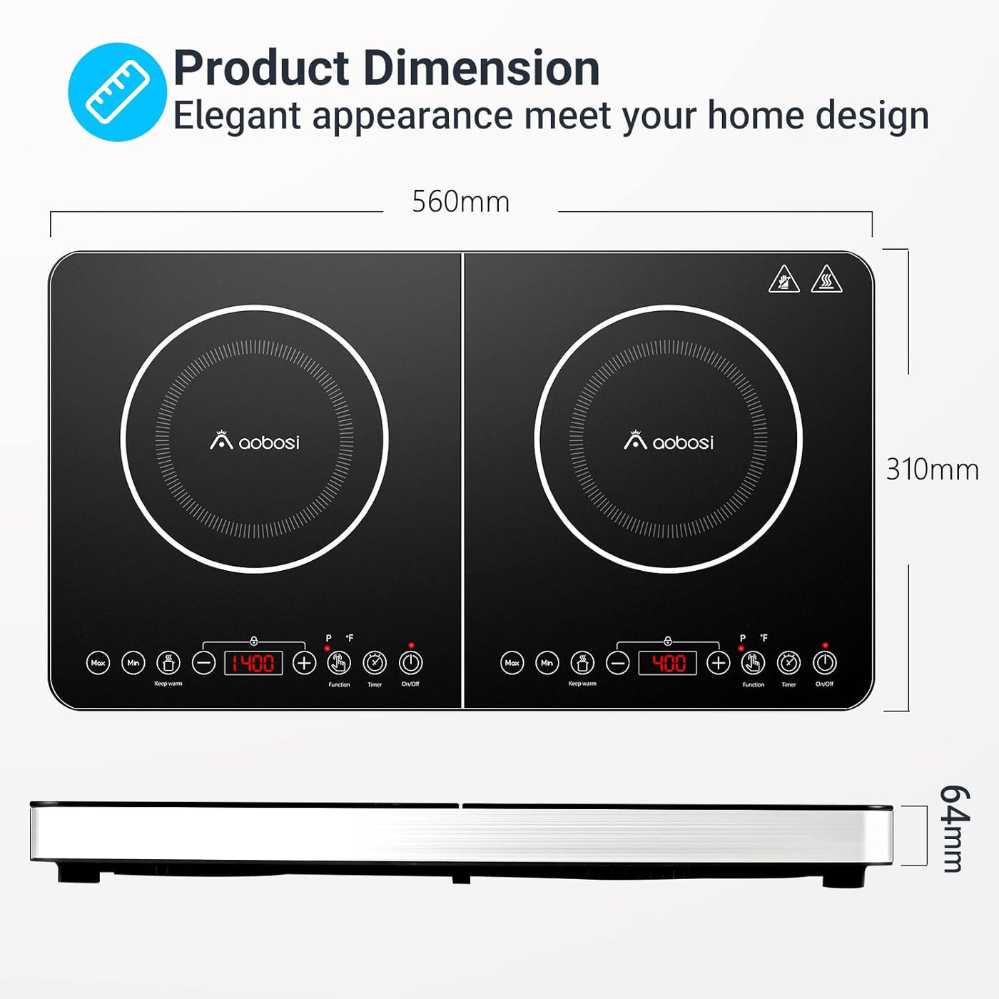 Aobosi Double Induction Cooktop Dual Zone 1800W and 1600W