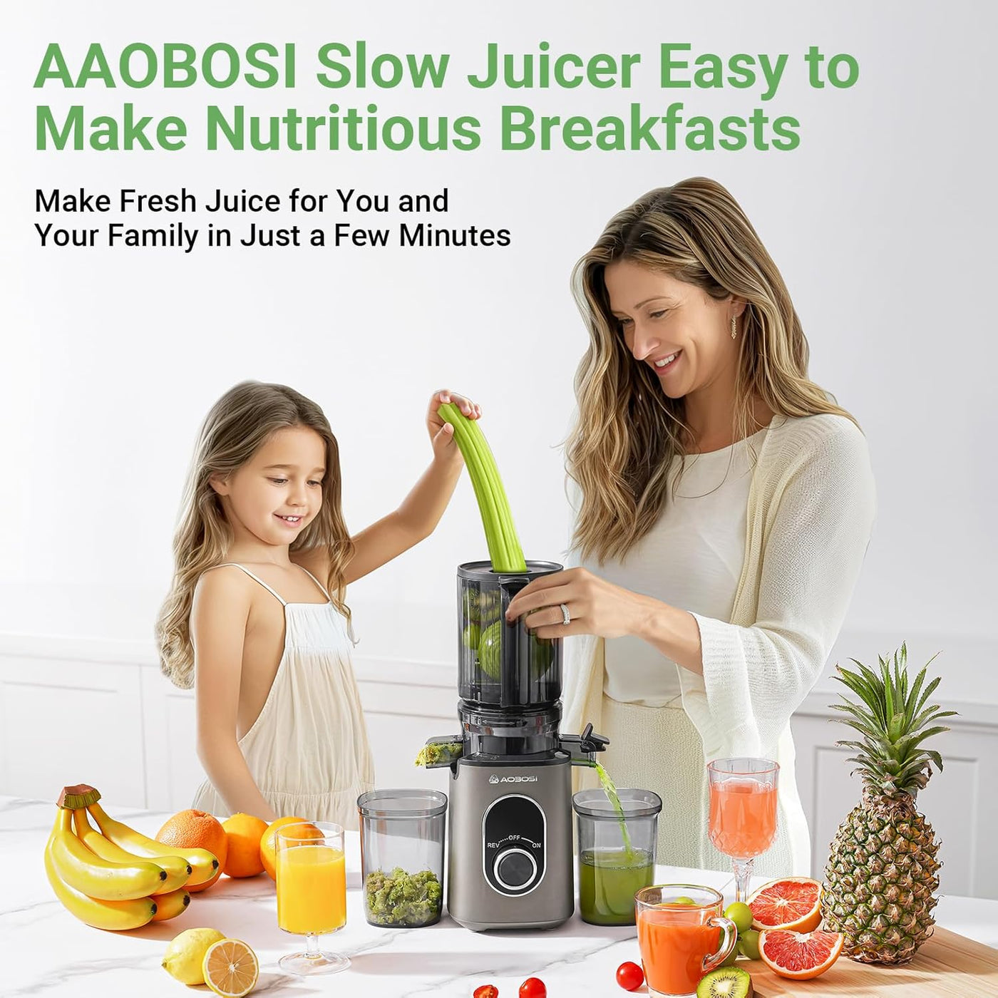 AOBOSI 4.35 Inch Large Feed Chute Masticating Juicer
