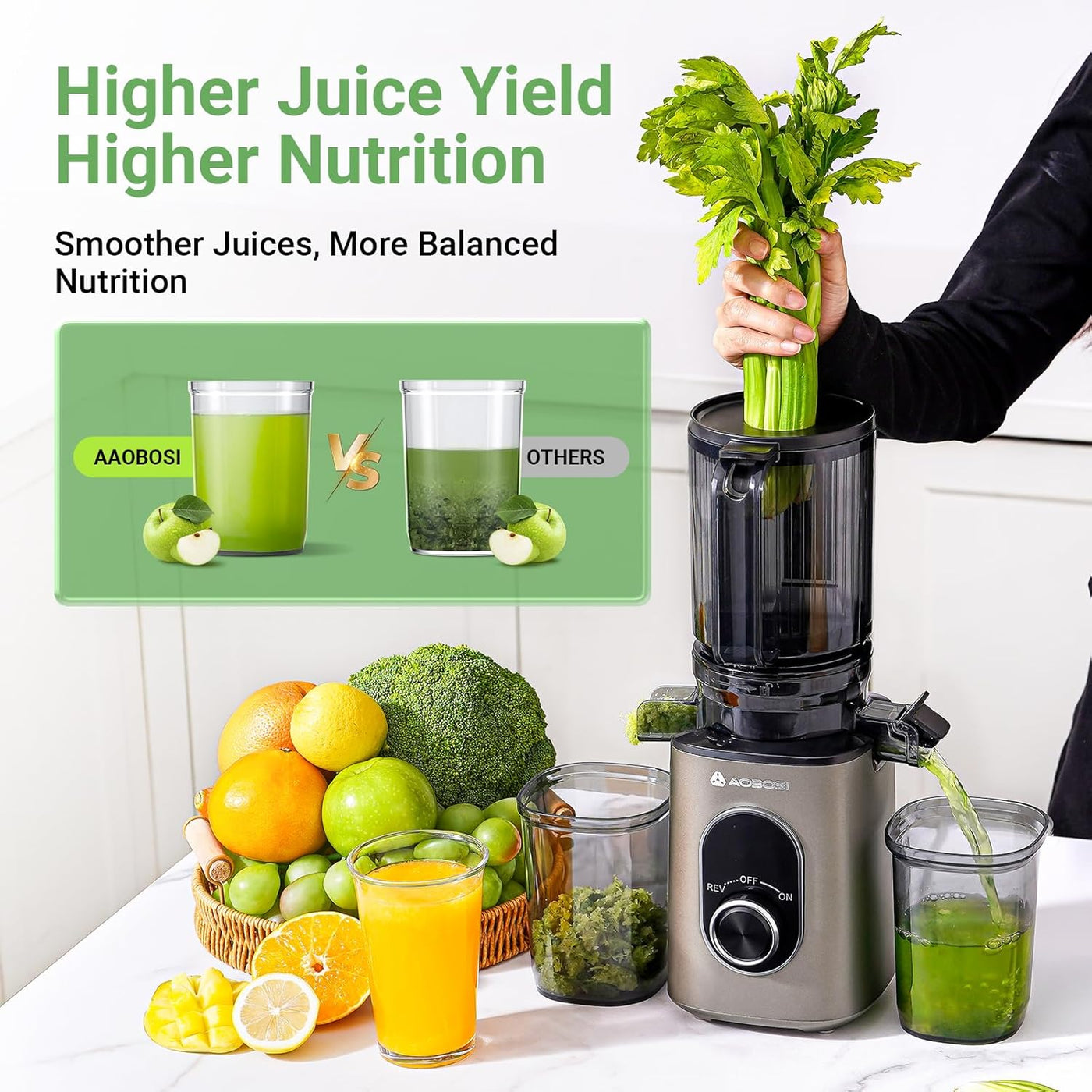 AOBOSI 4.35 Inch Large Feed Chute Masticating Juicer