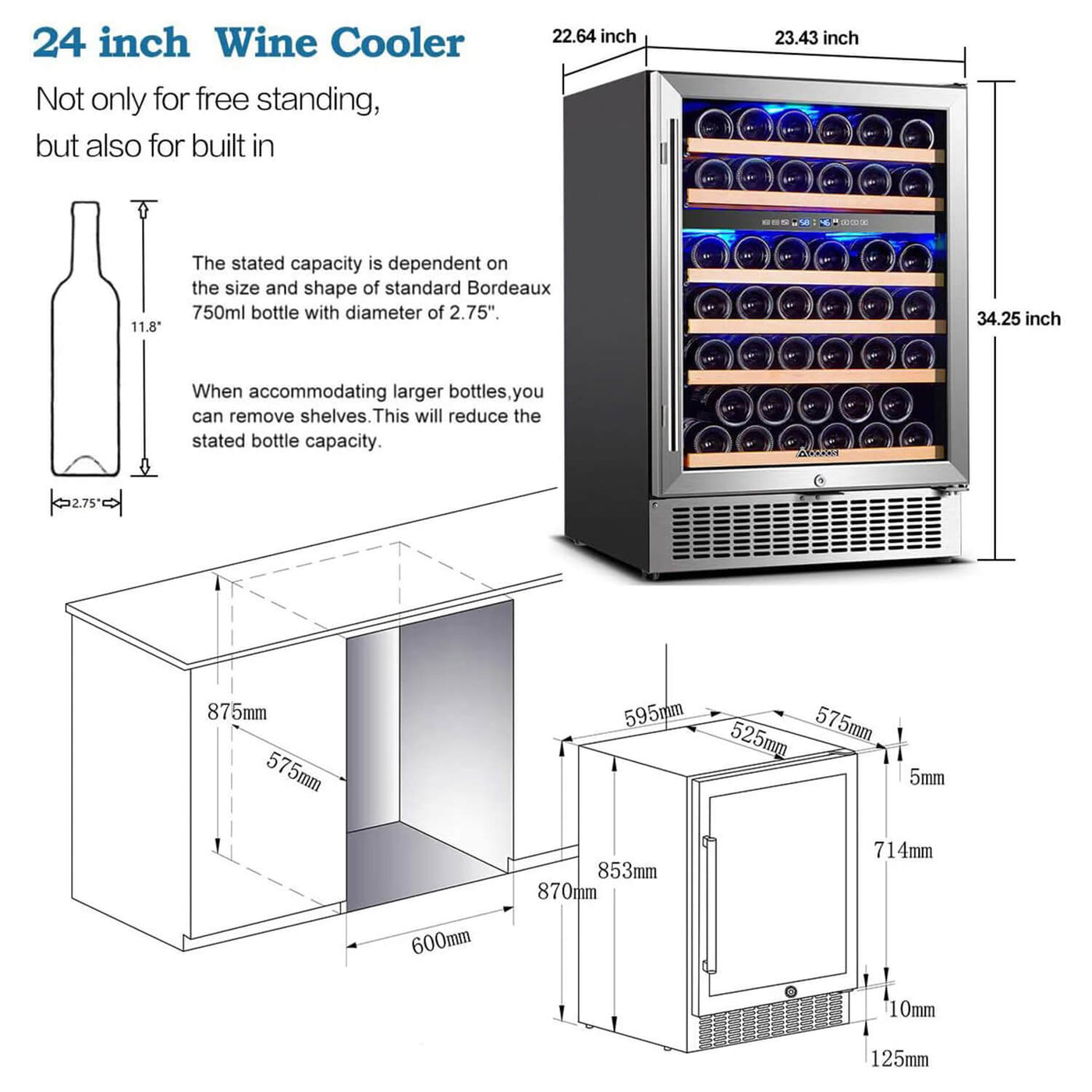 AOBOSI 24 inch Wine Refrigerator Dual Zone 51 Bottles