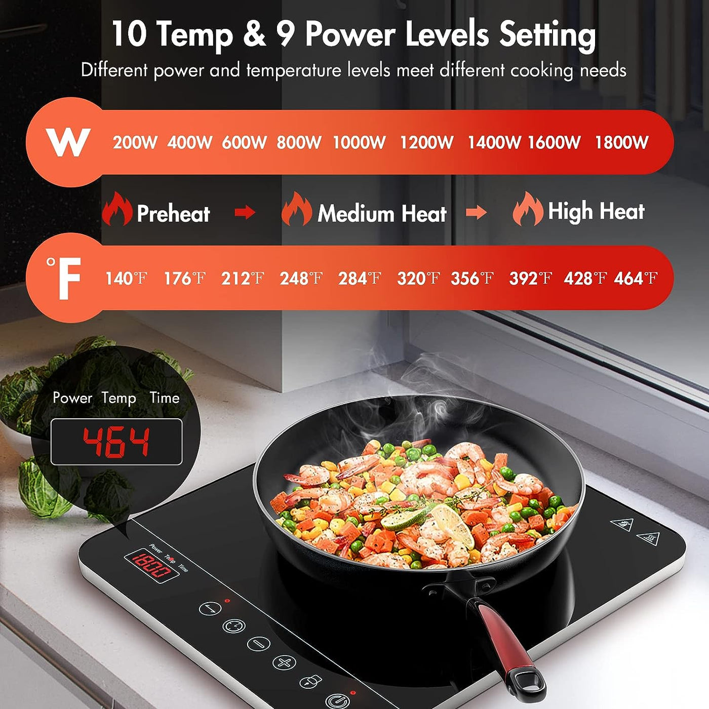 Aaobosi 1800W portable induction cooktop with 9 different power settings and 10 temperature presets for precise cooking control