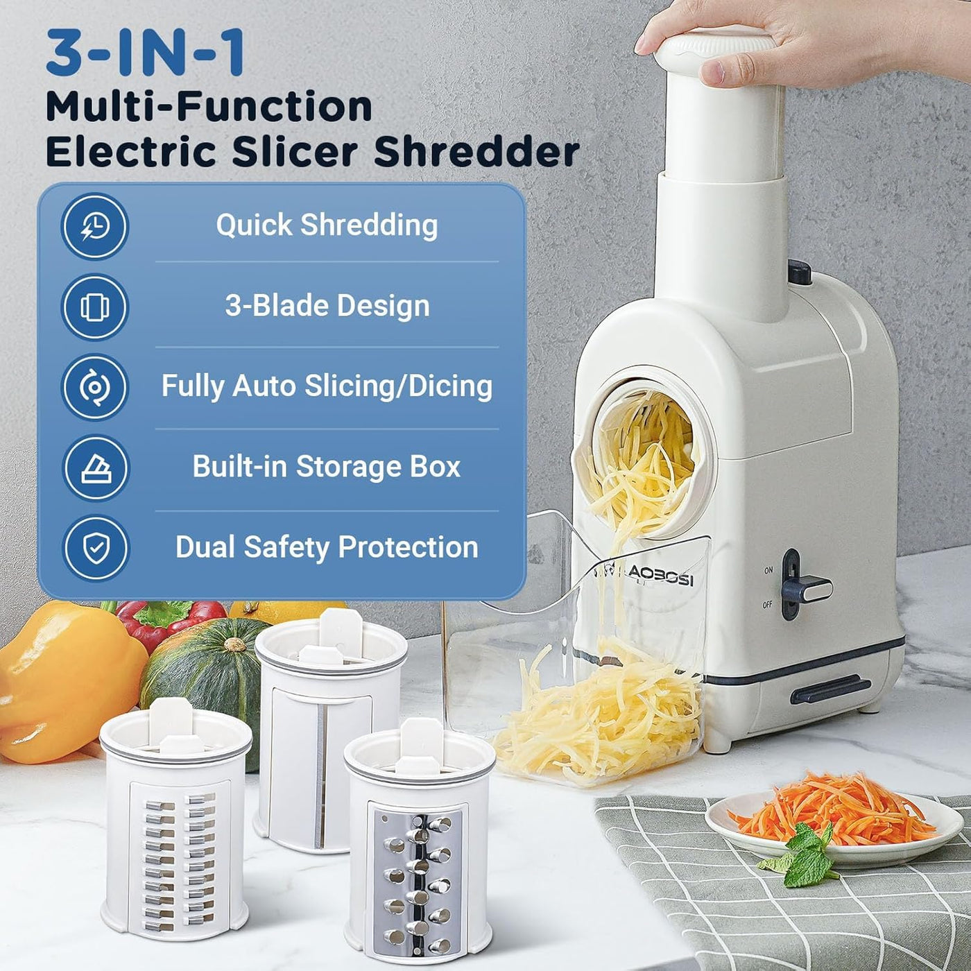 Aobosi 3 in 1 Electric Grater for Kitchen with Large Chute