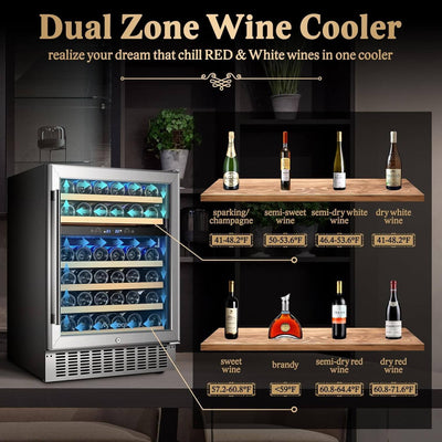 AOBOSI 24 Inch Dual Zone Wine Cooler Holds 46 Bottles