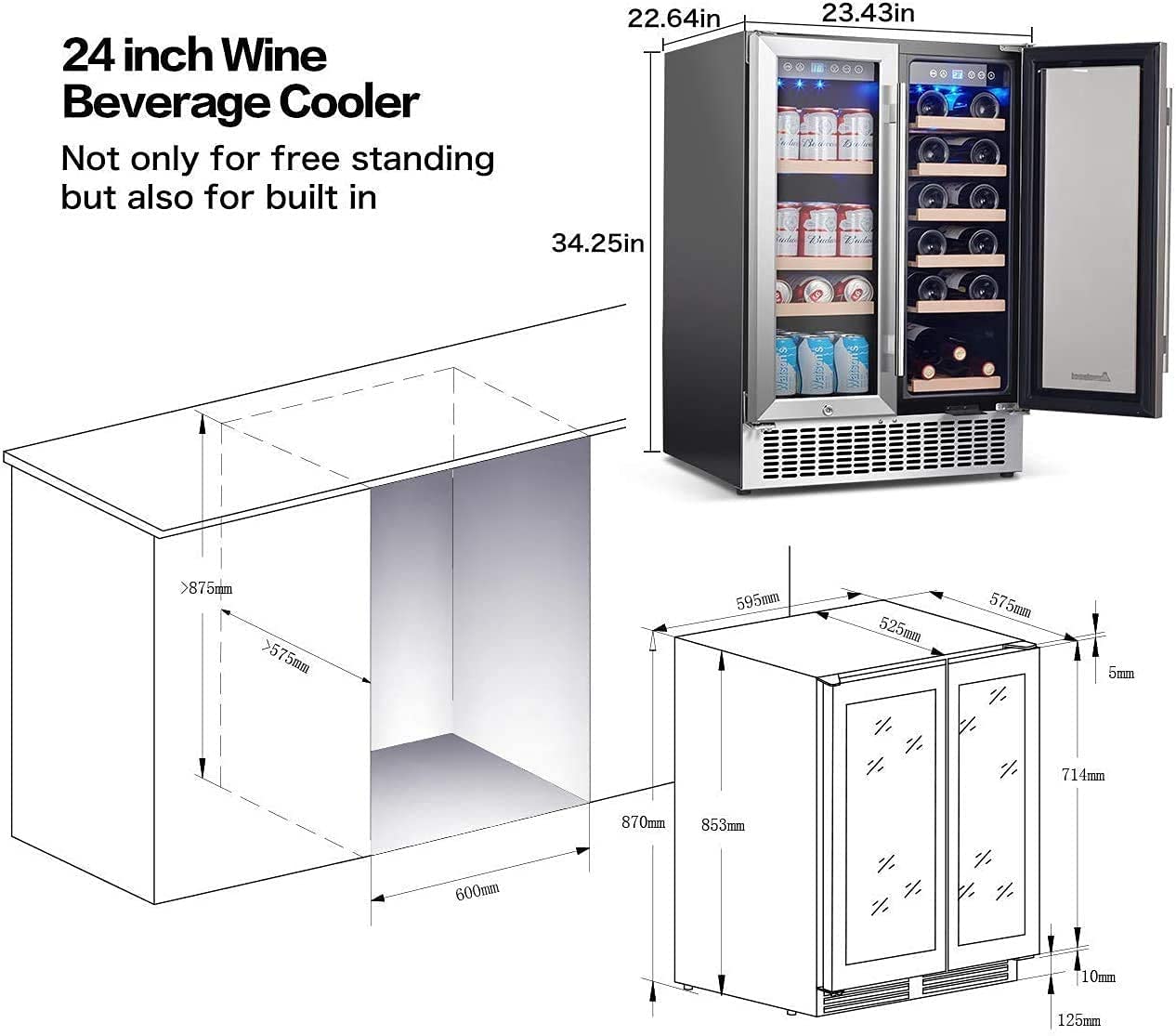 AOBOSI  24 Inch Beverage and Wine Cooler 18 Bottles and 57 Cans