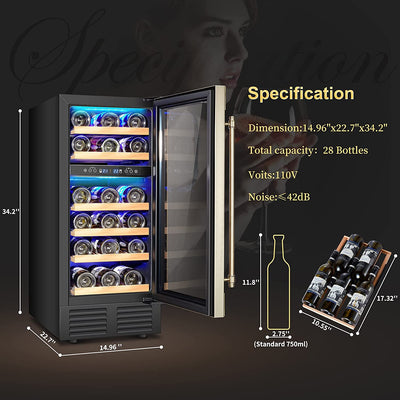 AOBOSI 28Bottles 15 Inch Retro Dual Zone Wine Cooler