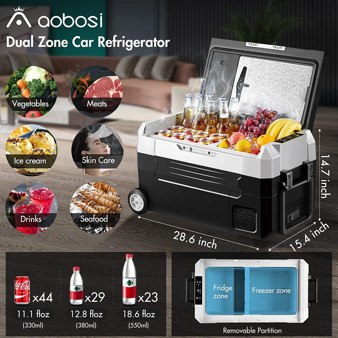 AOBOSI Portable Fridge on Wheels with Foldable Handle 37qt/35L