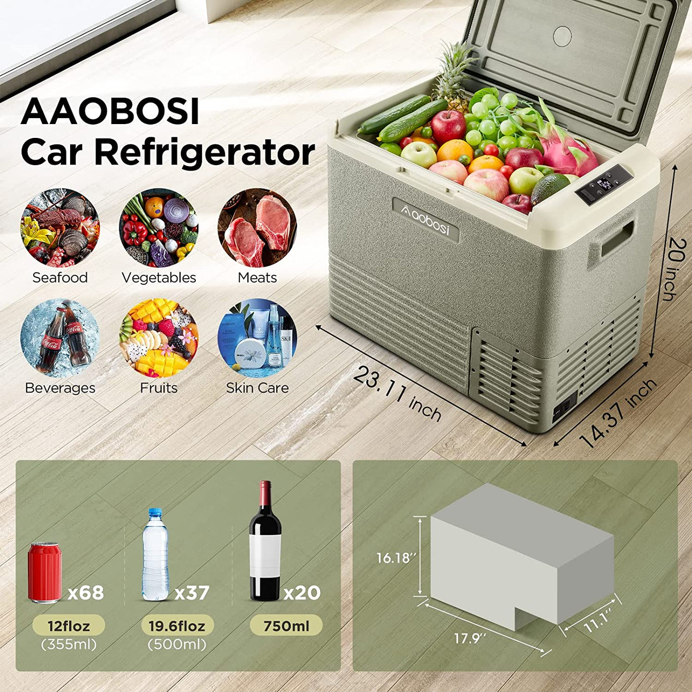 AOBOSI ‎12 Volt Car Fridge 53Qt/50L Green