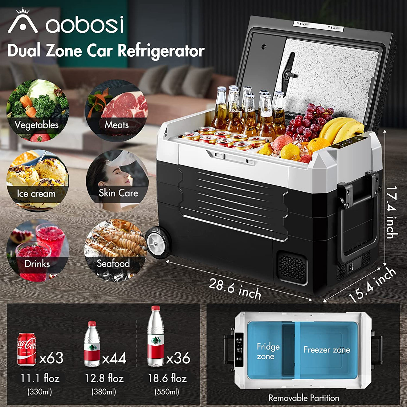 AOBOSI Portable Fridge on Wheels with Foldable Handle 48qt/45L