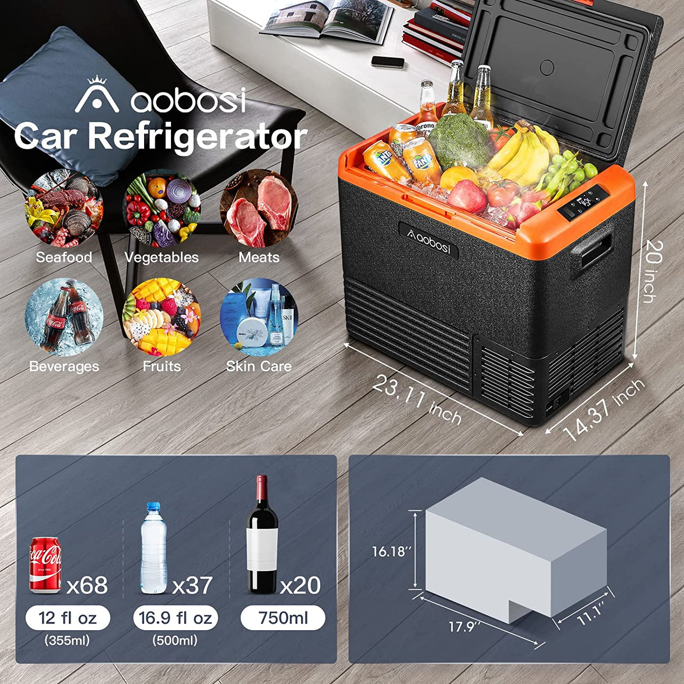 AOBOSI 12 Volt Car Refrigerator Single Zone 53qt/50L