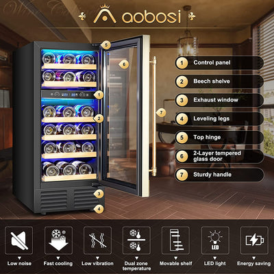 AOBOSI 28Bottles 15 Inch Retro Dual Zone Wine Cooler